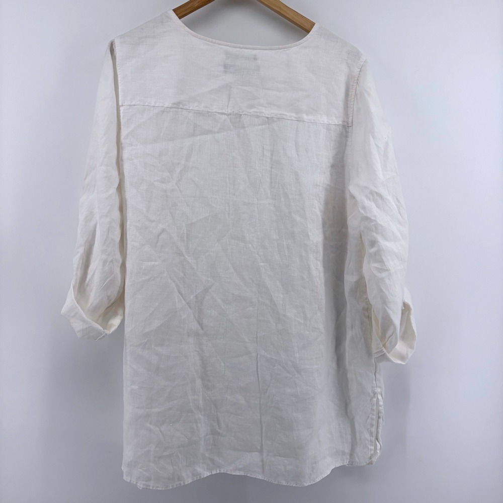 Tahari White 100% Linen Roll Tab Sleeve Button Front Tunic Blouse Womens 1X - Picture 4 of 9